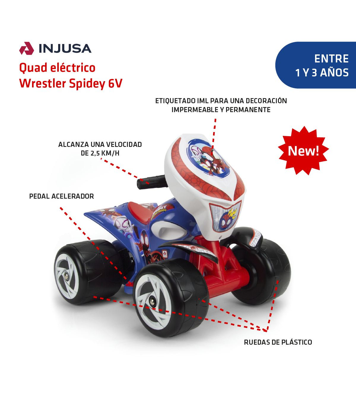 INJUSA - Quad The Beast Spiderman, Coche Eléctrico para Niños de 2 a 4  años, Batería 12V