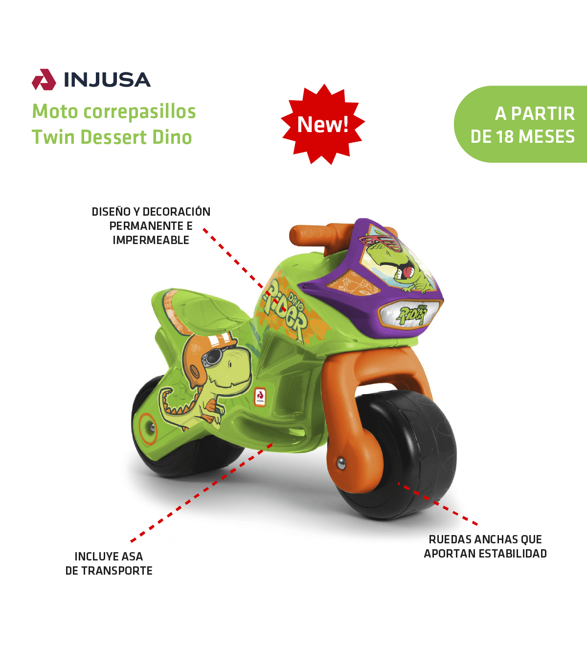 Injusa - Moto correpasillos Twin Dessert Dino, Bicicletas, Triciclos y  Correpasillos